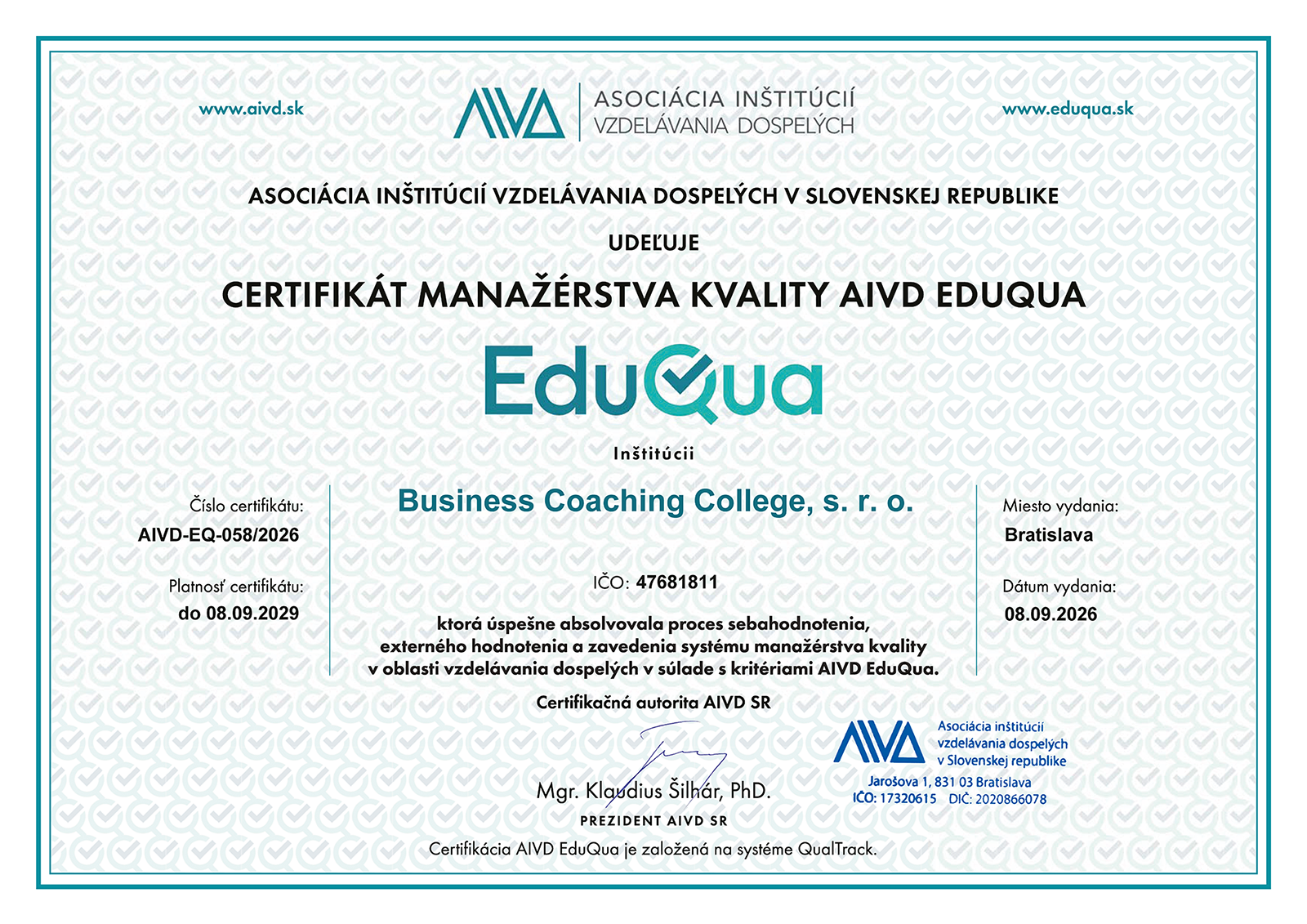 Certifikát AIVD EduQua č. AIVD-EQ-058/2026, Business Coaching College
