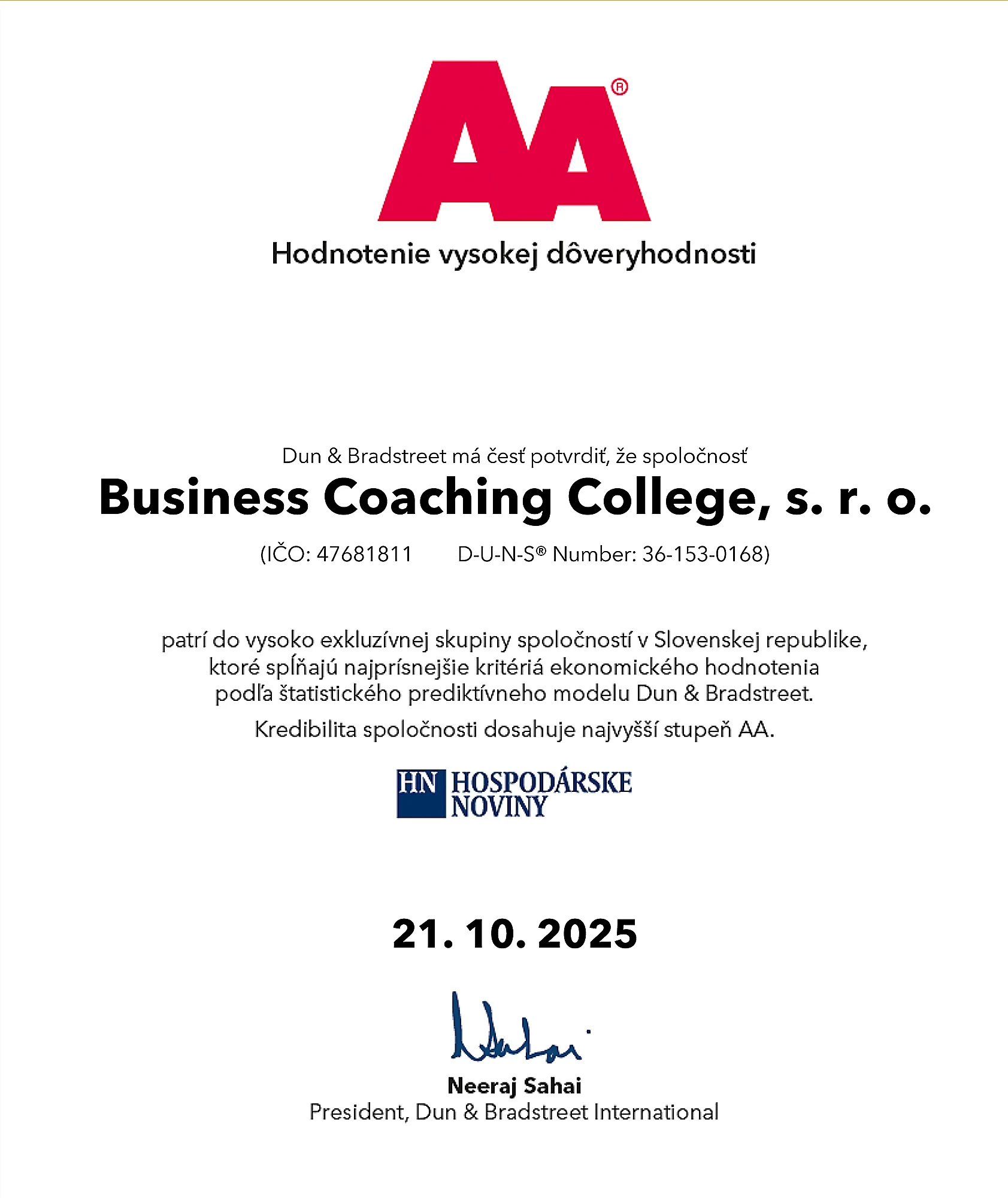 Certifikát Dun & Bradstreet AA 2025, Business Coaching College
