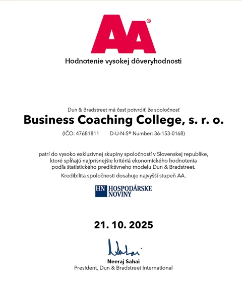 Certifikát hodnotenie vysokéj dôveryhodnosti AA pre Business Coaching College, s. r. .o.